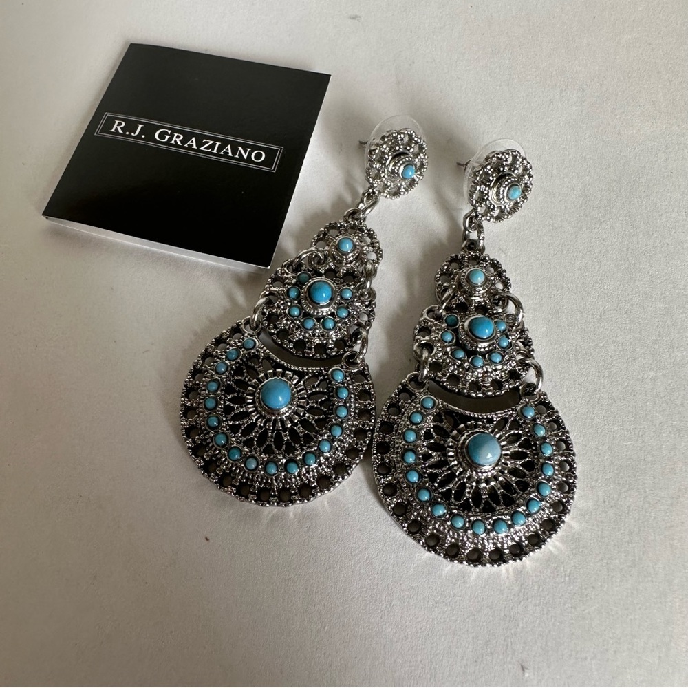 Brand‎ new R.J Graziano turquoise and silver southwestern chandelier earrings